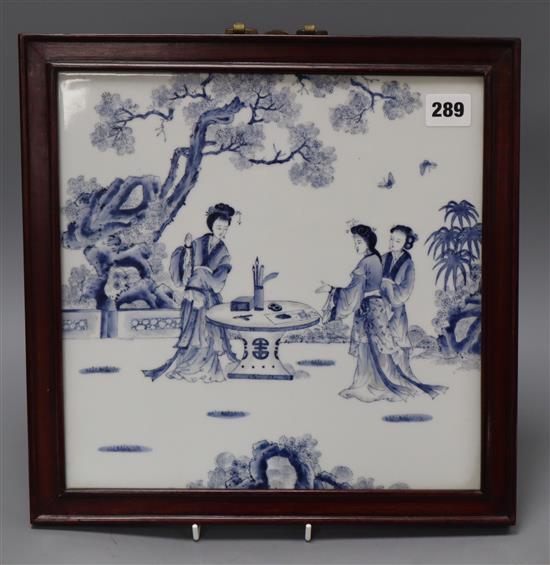A Chinese blue and white porcelain plaque, framed Diameter 29cm